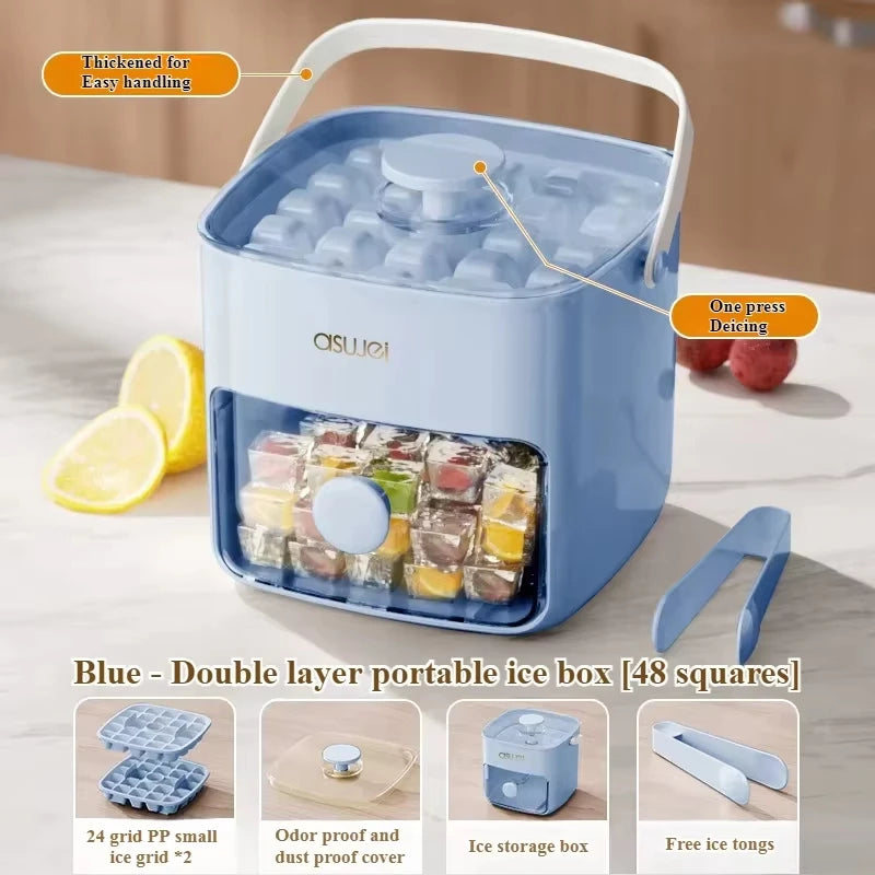 A blue double-layer portable ice box with a lid and tongs is shown on a light surface.