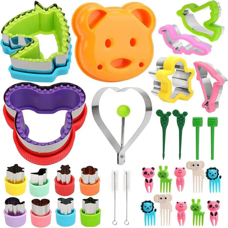 A set of colorful kids sandwich cutters for baking and decoration, including various shapes like bears, hearts, and animals.