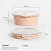 Contenedor de almacenamiento de comida plegable de silicona rosa, dimensiones 18.6 cm y 7.5 cm.