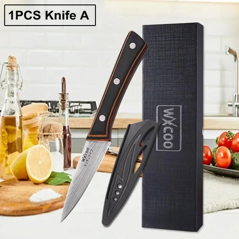 A 1PCS Knife A is shown next to its dark blue sheath and a wooden cutting board.