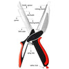 A pair of multi-function vegetable and food scissors with a bottle opener, cutting board, chef knife, peeter, and fish scaler