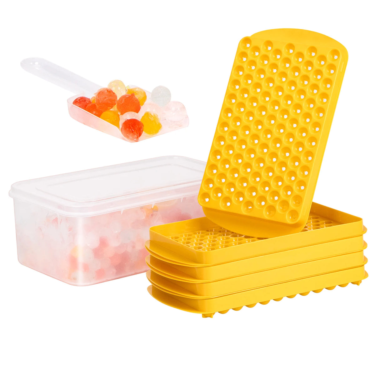 Yellow round ice cube tray with a silicone mold and a clear storage container filled with colorful ice cubes