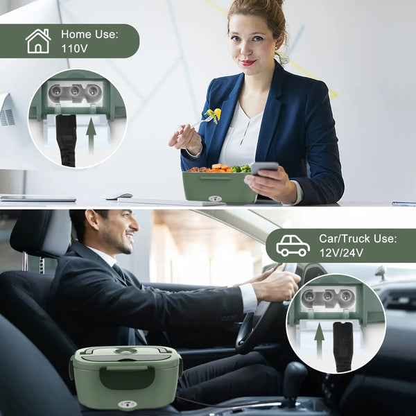 A woman uses a portable electric heated lunch box in a modern office setting, demonstrating its use for home and car purposes