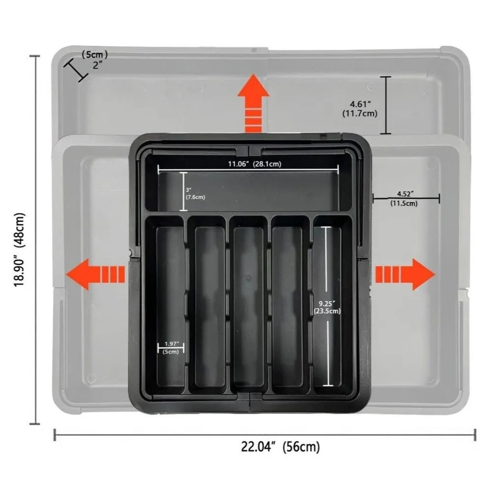 A gray plastic tray organizer with multiple compartments for cutlery and utensils.