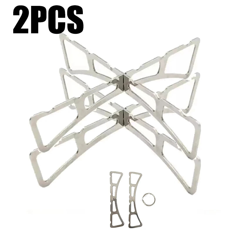 Two foldable stainless steel steaming racks or grilling racks for outdoor cooking