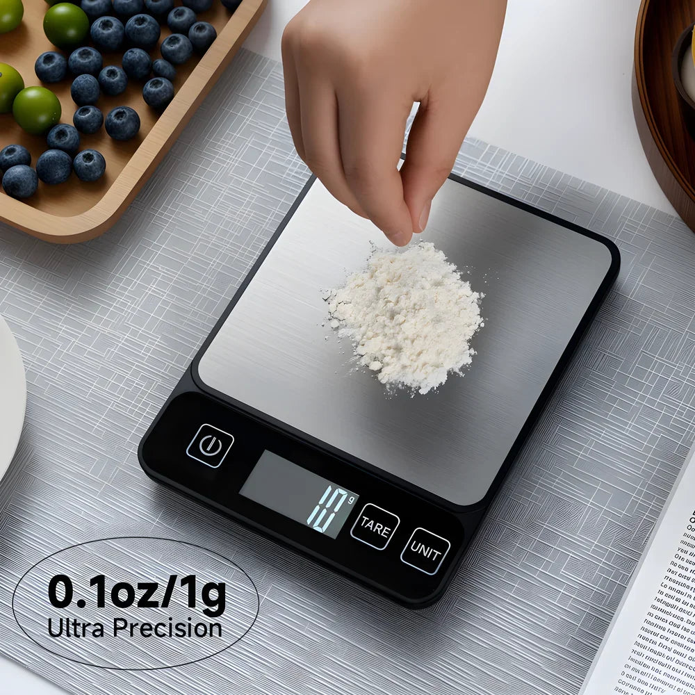 A hand is placing a pile of white powder onto a digital kitchen scale for precise weighing.