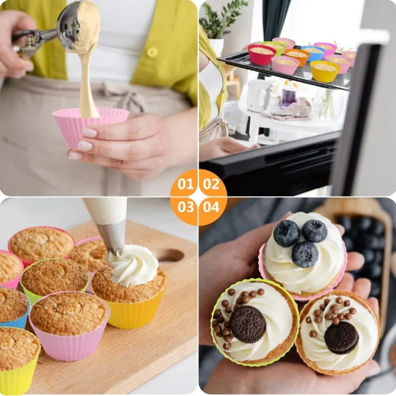 A set of silicone muffin and cake baking molds shown in various colors and usage contexts.
