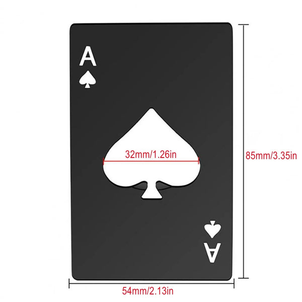 A black poker shaped bottle opener with a spade symbol and dimensions.