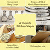 A set of durable stainless steel kitchen staples including hang loops, engraved measurements, and dishwasher safe items.