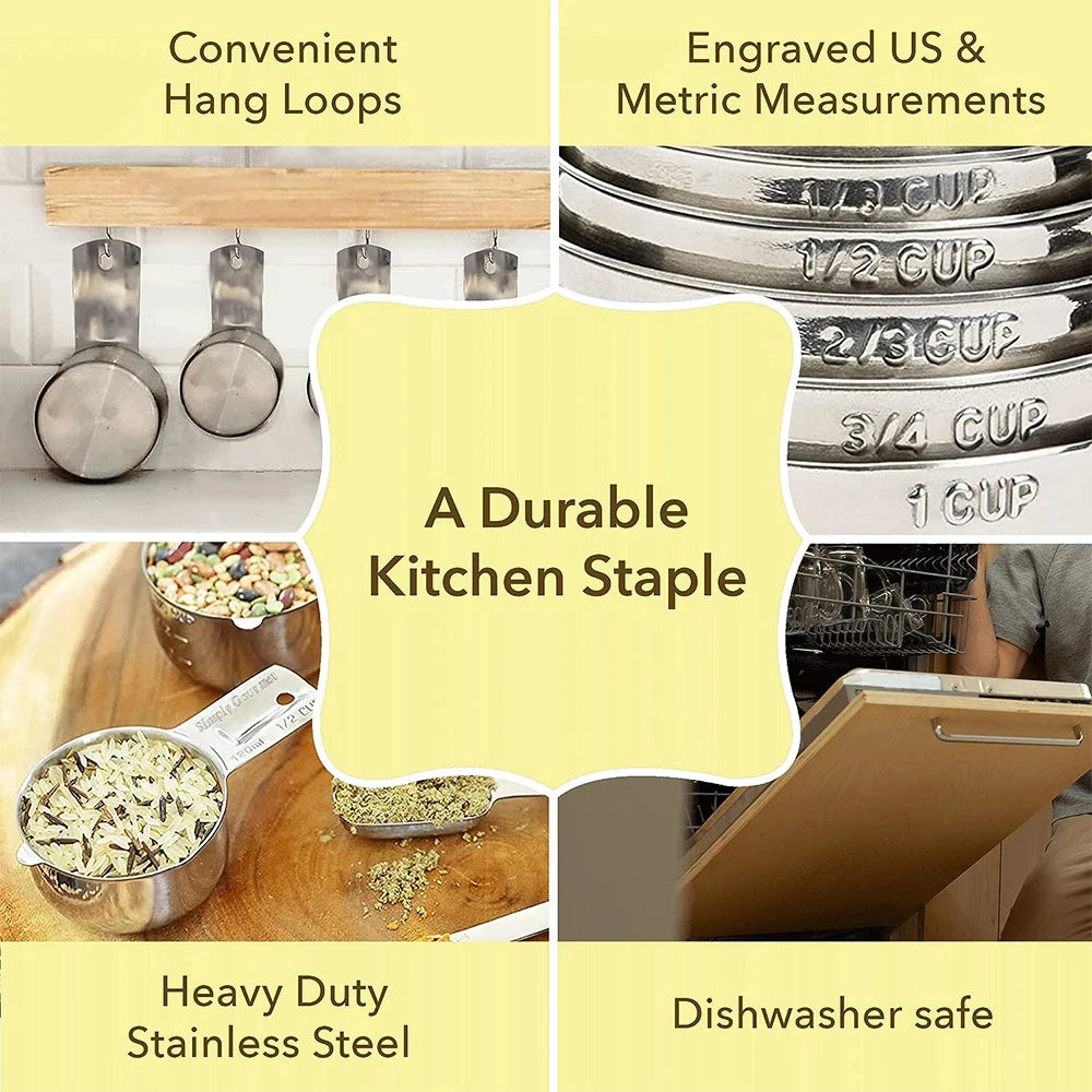 A set of durable stainless steel kitchen staples including hang loops, engraved measurements, and dishwasher safe items.
