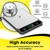A silver digital kitchen scale with a magnifying lens is shown, displaying a weighing platform and accuracy specifications.