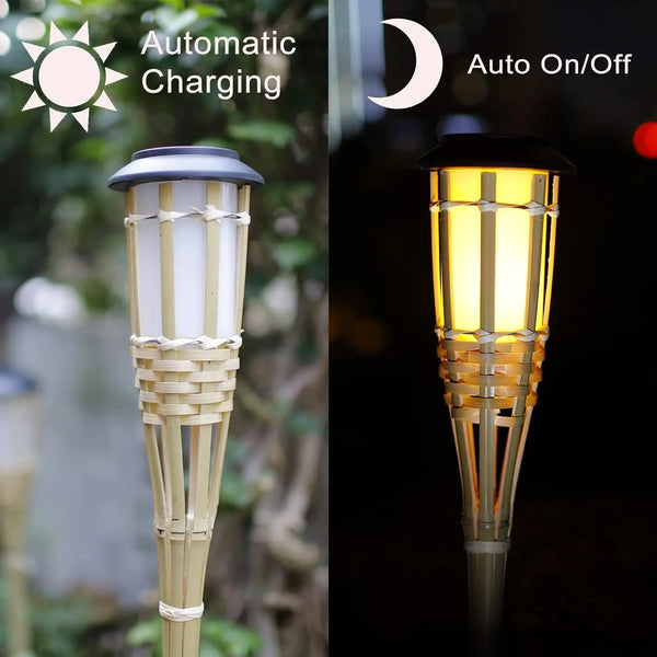 A close-up view of a solar flame effect garden path light with a woven bamboo shade and warm yellow illumination.