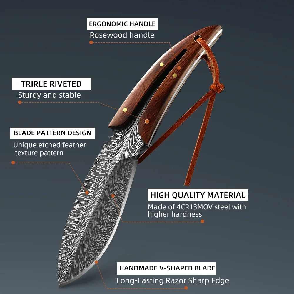 A close-up view of a handcrafted V-shaped razor blade knife with an ergonomic handle and leather sheath.