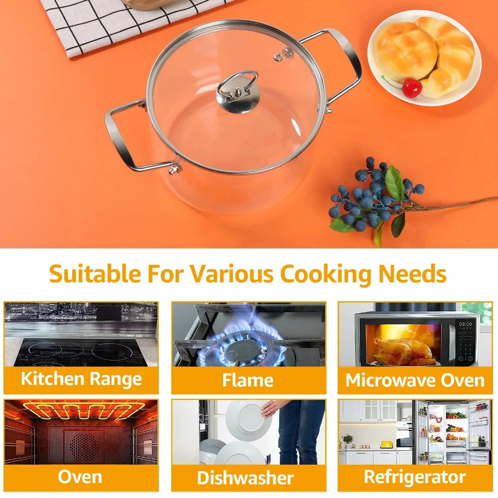A clear glass cookware pot with a lid and double handles is shown on an orange background, surrounded by kitchen appliances.