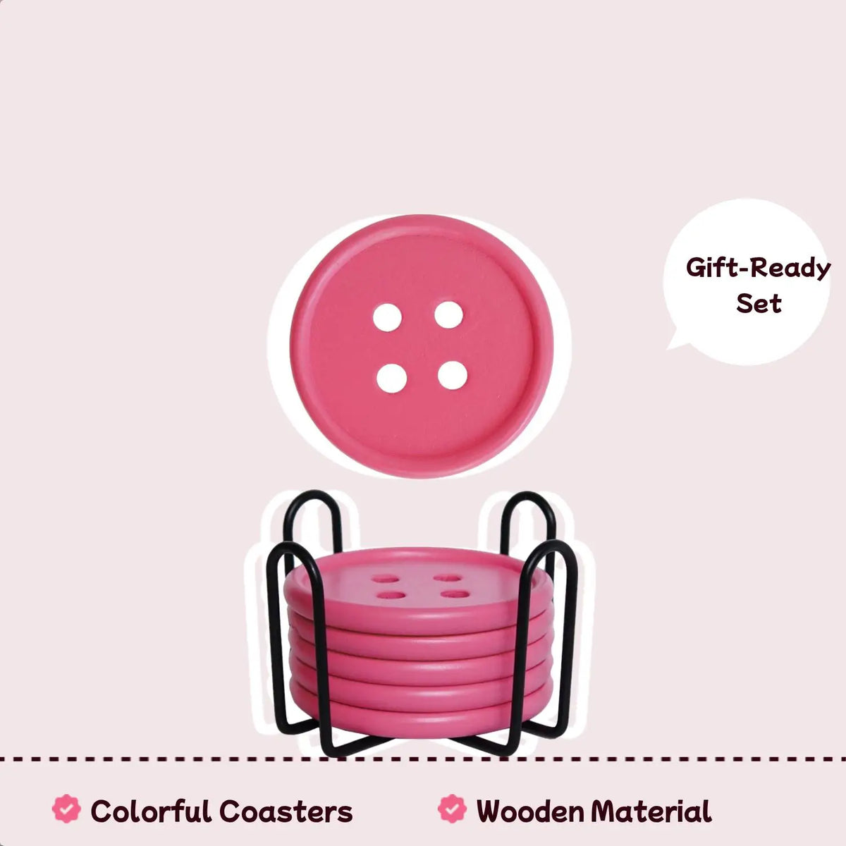 A pink wooden coaster set with an iron rack and a circular pink lid shown against a light background.