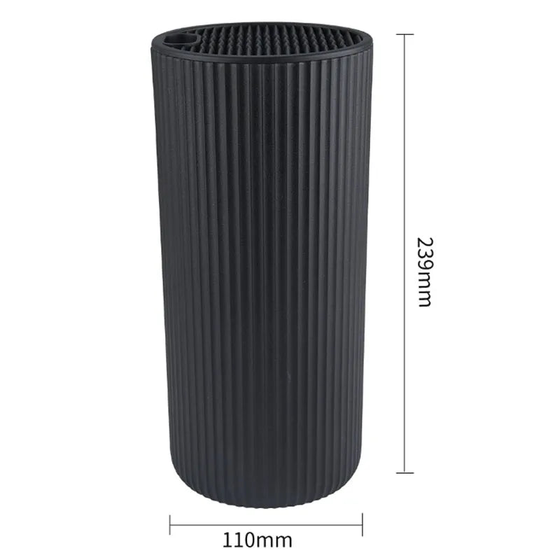 A black cylindrical knife block organizer with vertical ridges and dimensions of 239mm by 110mm.