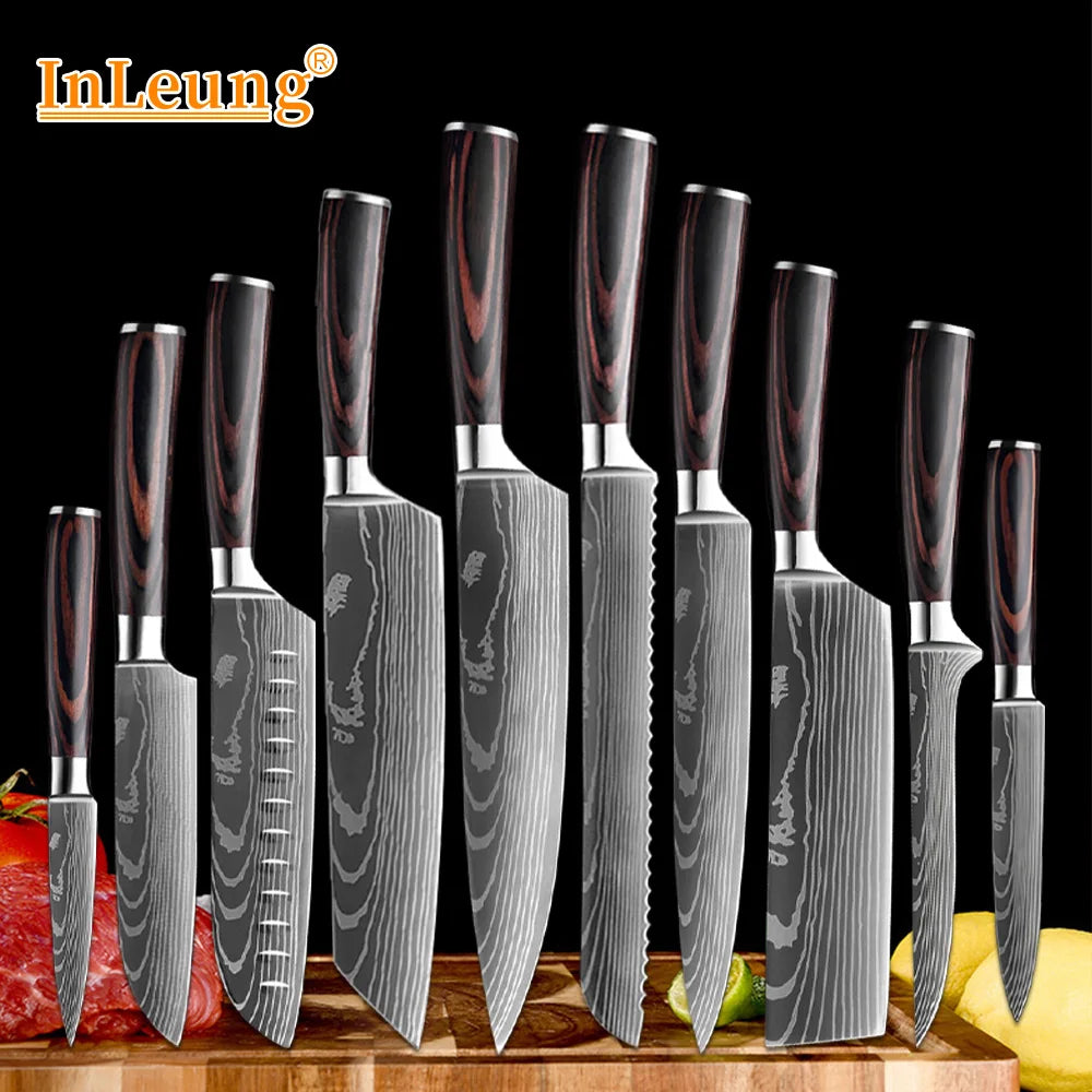 A set of professional Damascus chef knives displayed on a wooden cutting board.