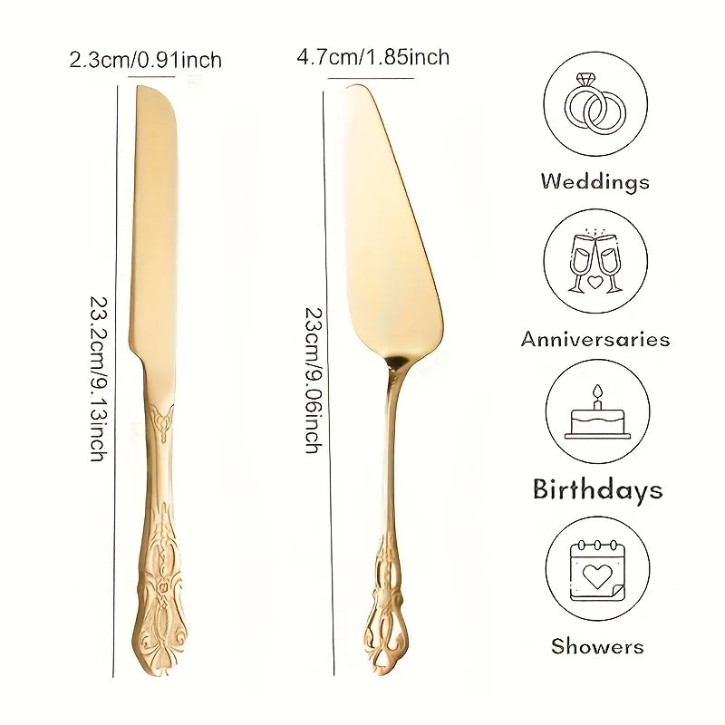 A set of elegant vintage stainless steel bread knife and cake spatula in gold finish.