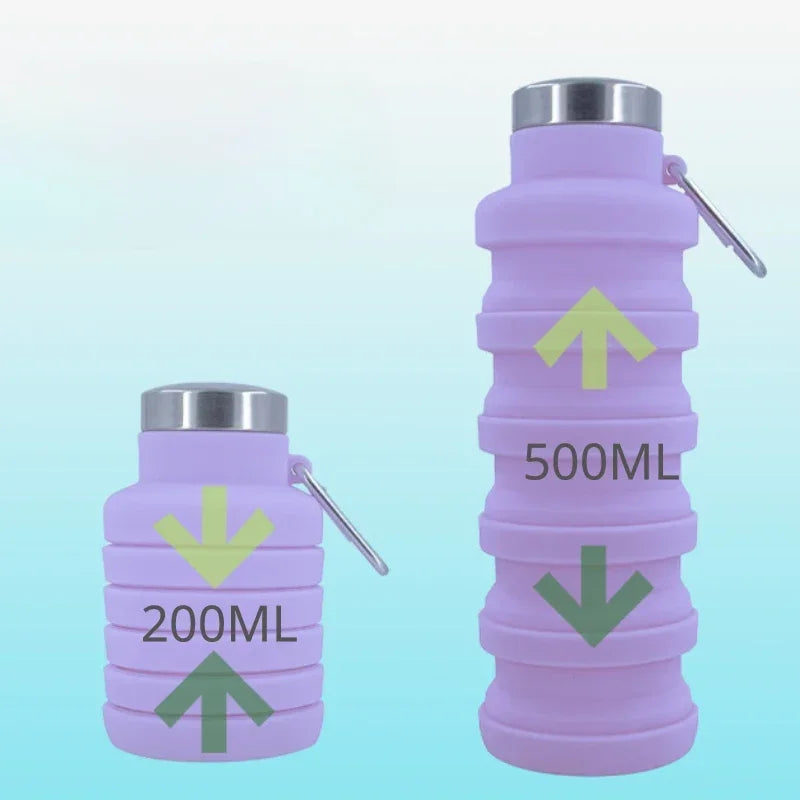 A purple silicone water bottle with a silver cap, shown in two sizes: 200ml and 500ml.