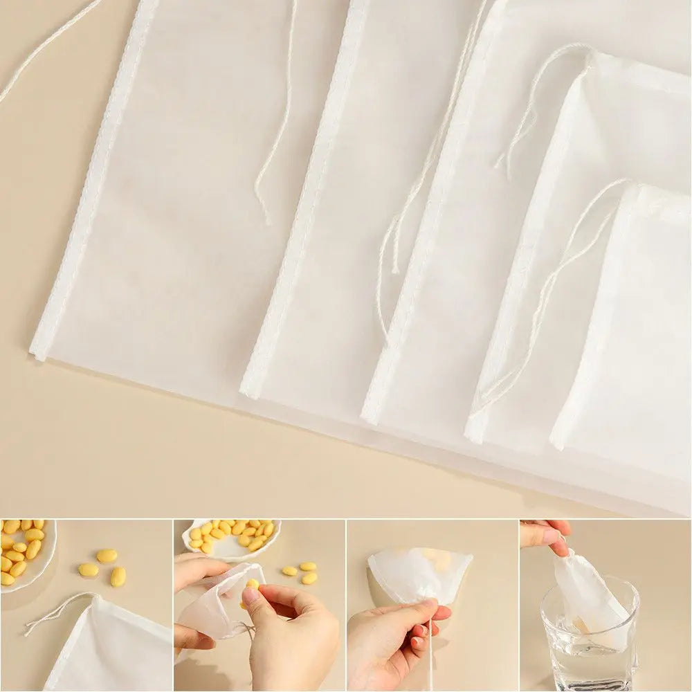 White reusable fine mesh food strainer colander with string ties shown in various angles