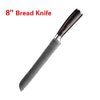 A close-up view of an 8 inch bread knife with a dark wood handle and a textured blade.