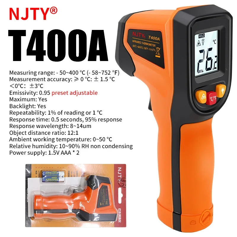 Orange digital infrared thermometer NJTY T400A with a black and orange body and display.