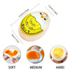 A yellow and white egg cooking timer showing soft, medium, and hard levels.
