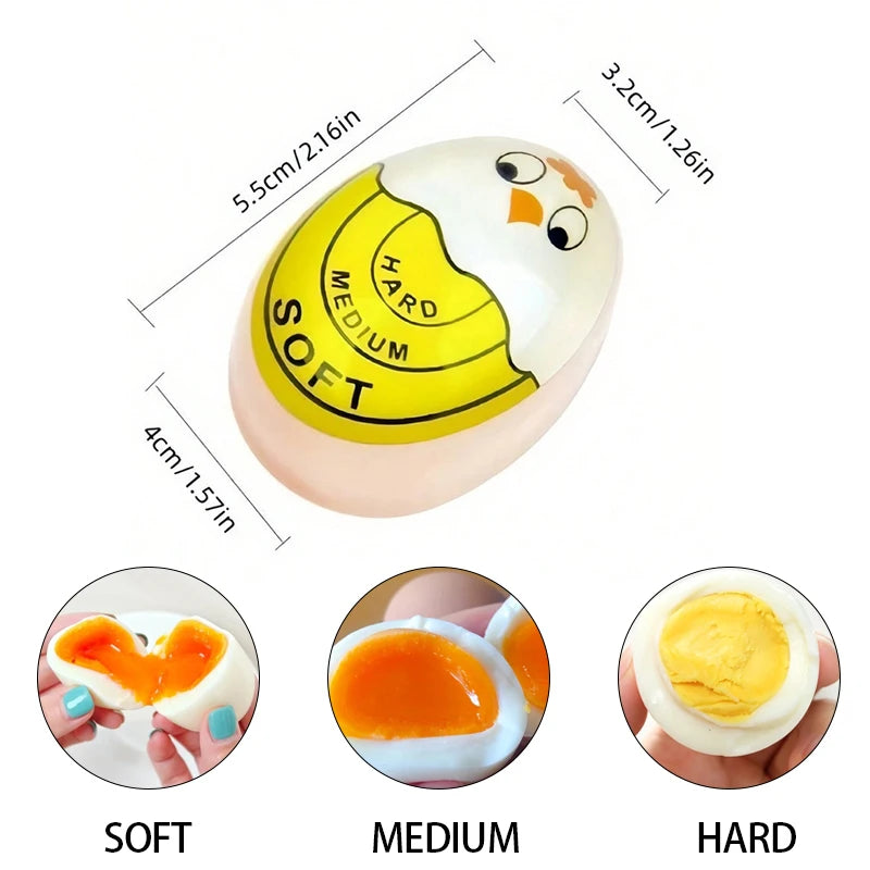 A yellow and white egg cooking timer showing soft, medium, and hard levels.