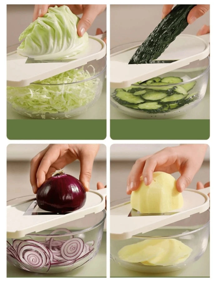 Hands are shown using a multi-function vegetable slicer and grater to prepare various vegetables like celery, zucchini, and o