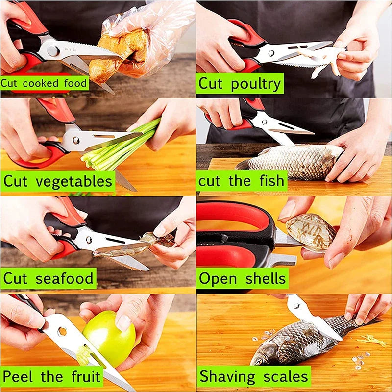 Colección de tijeras de cocina resistentes para diversas tareas de preparación de alimentos como cortar aves, verduras y pesc