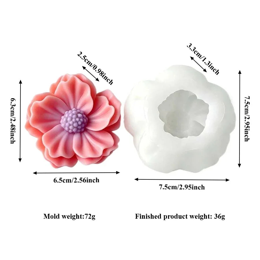A pink silicone flower candle mold with a detailed petal design and a white finished product.