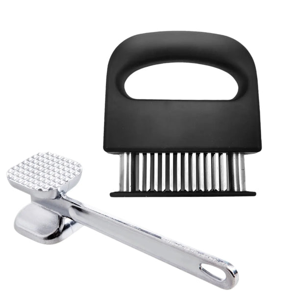 A black meat tenderizer tool with a stainless steel blade and handle.