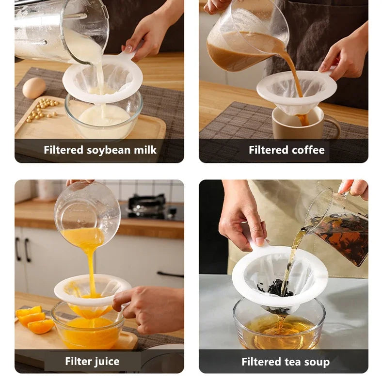 Four images showing the process of filtering soybean milk, coffee, juice, and tea soup using a multi-mesh fine strainer.