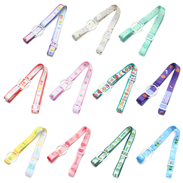 A collection of various colorful adjustable straps used for carrying water bottles.