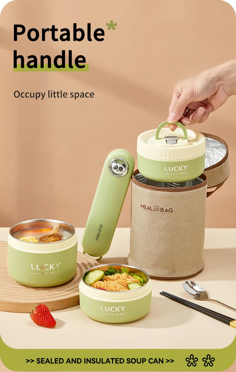 A hand holds a portable green lunch box, showing its handle and stackable design.