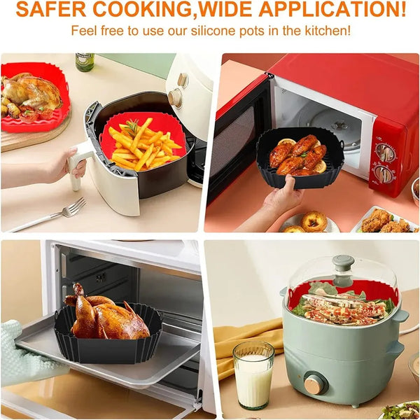 Wiederverwendbarer Silikon-Einsatzkorb für die Airfryer-Backfutter, verwendet in einem roten Airfryer und im Ofen.