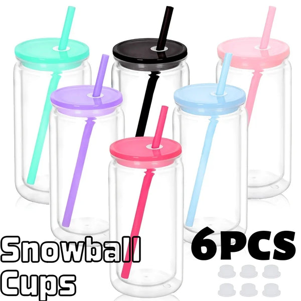Six clear plastic tumblers with colorful lids and straws for DIY snowglobe cups