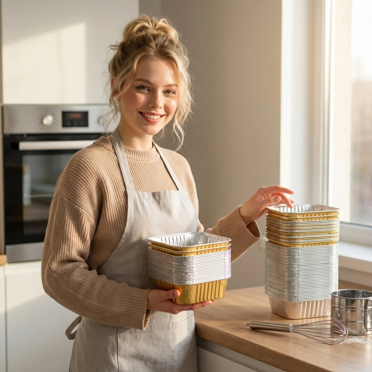 A smiling woman in a beige apron holds a stack of non-stick aluminum foil baking cups on a wooden counter.