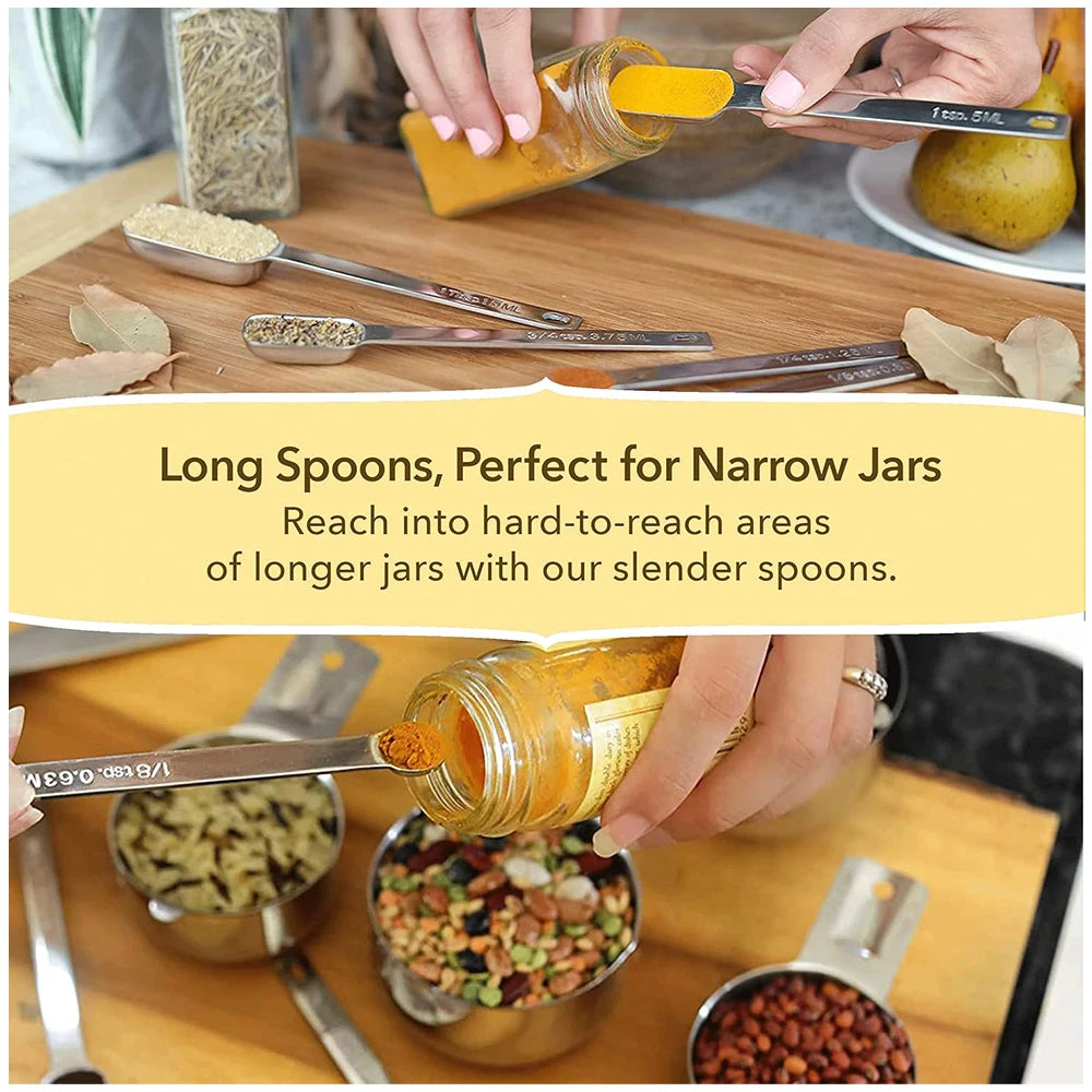 Stainless steel spoons used to measure ingredients in narrow jars and containers.
