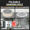 A foldable hanging hole silicone splatter guard shown in various forms and installed on a kitchen cabinet.