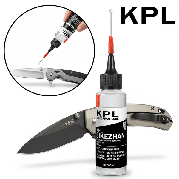KPL Messer-Pivot-Schmierölflasche und ein Präzisionsmesser, das die Schmierung zeigt.
