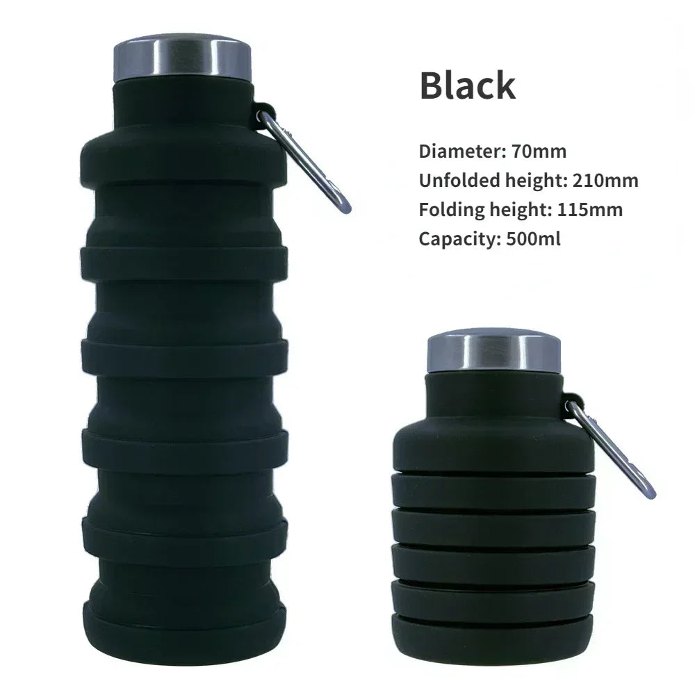 Black collapsible silicone water bottle with a silver cap and clip.
