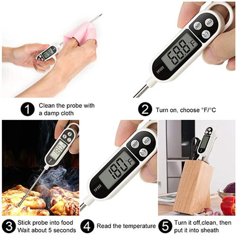 A digital meat thermometer is shown being used to measure temperature on food.