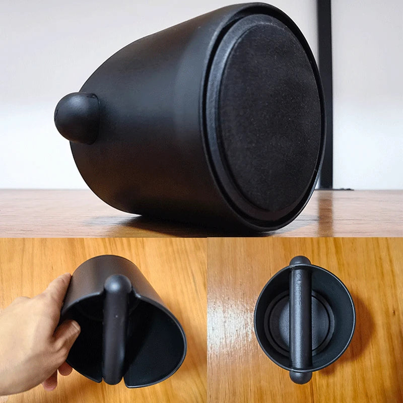 A black shock-absorbent espresso knock box is shown in two views, demonstrating its design and function.