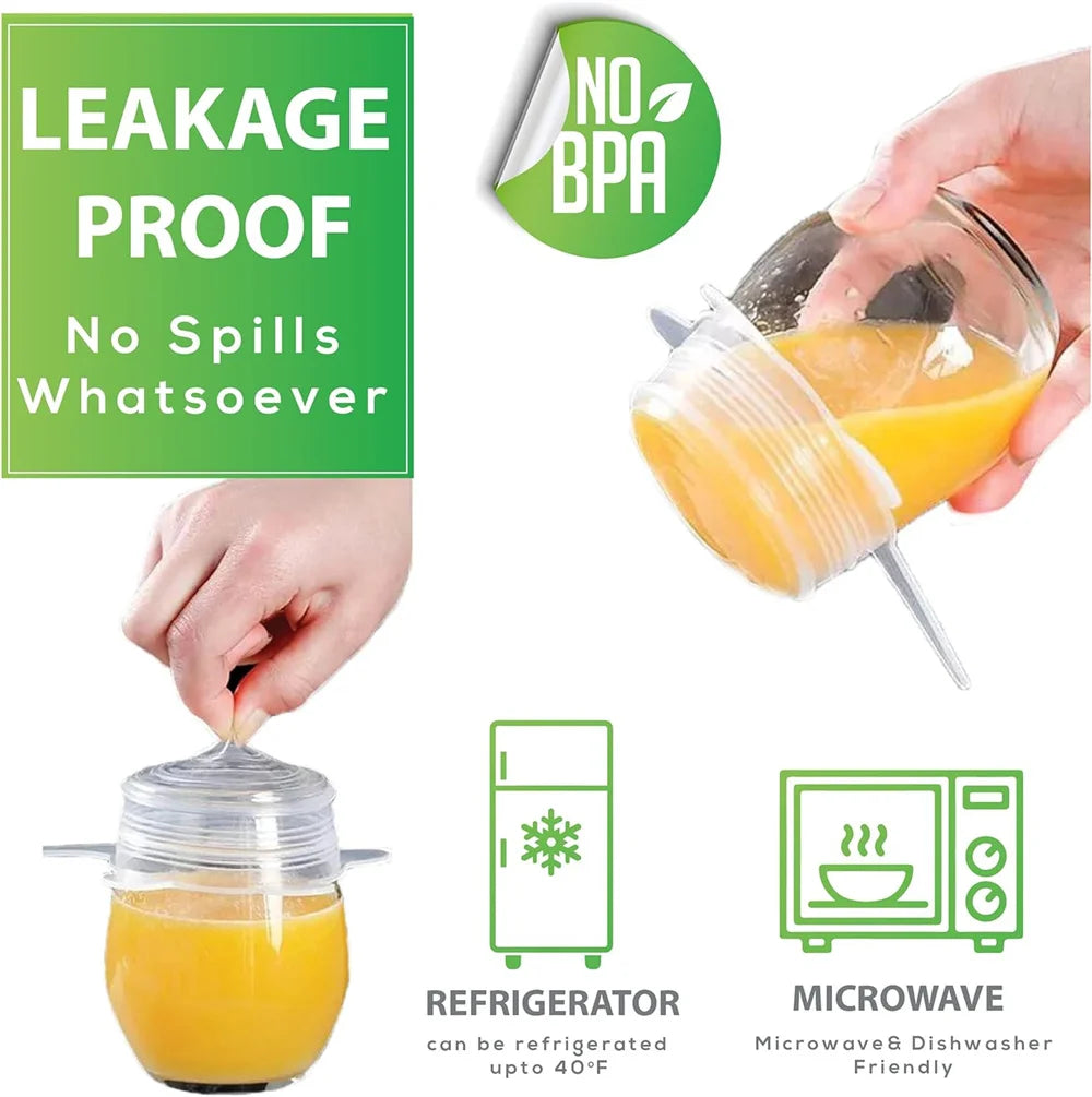 Reusable silicone food lids and accessories for leakproof storage in the refrigerator and microwave.