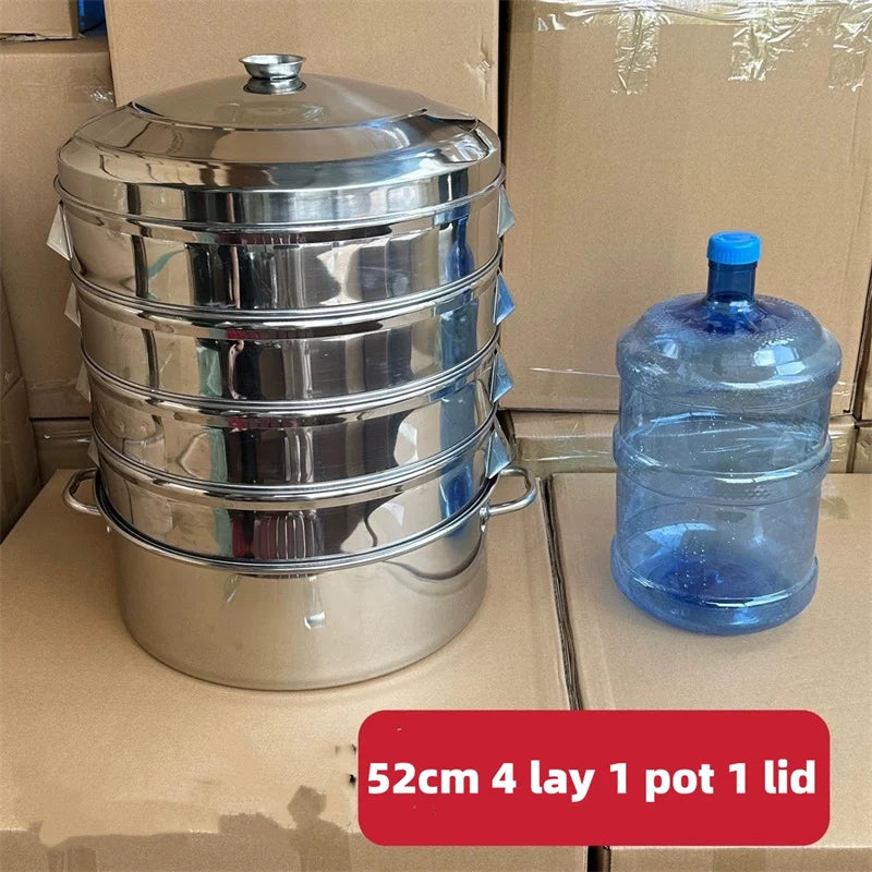 Extra large stainless steel steamer set with four layers, one pot, and one lid.