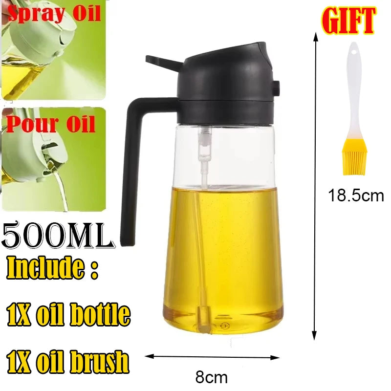 A glass oil bottle with a black pump dispenser and an attached oil brush, used for spraying cooking oil.