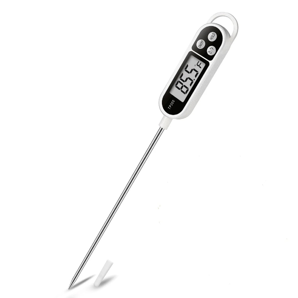 A white digital meat thermometer with a long probe displaying a temperature of 85.5 degrees Fahrenheit.
