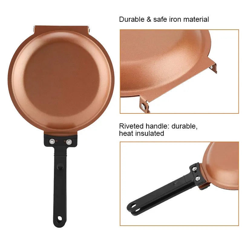A copper-colored non-stick frying pan with a riveted handle, showing its durable iron material and design.