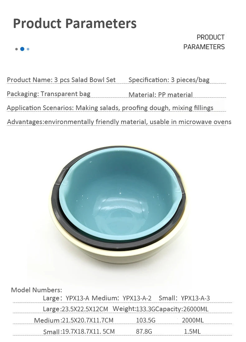 A set of three multi-sized plastic salad bowls in light blue and white are shown on a white background.